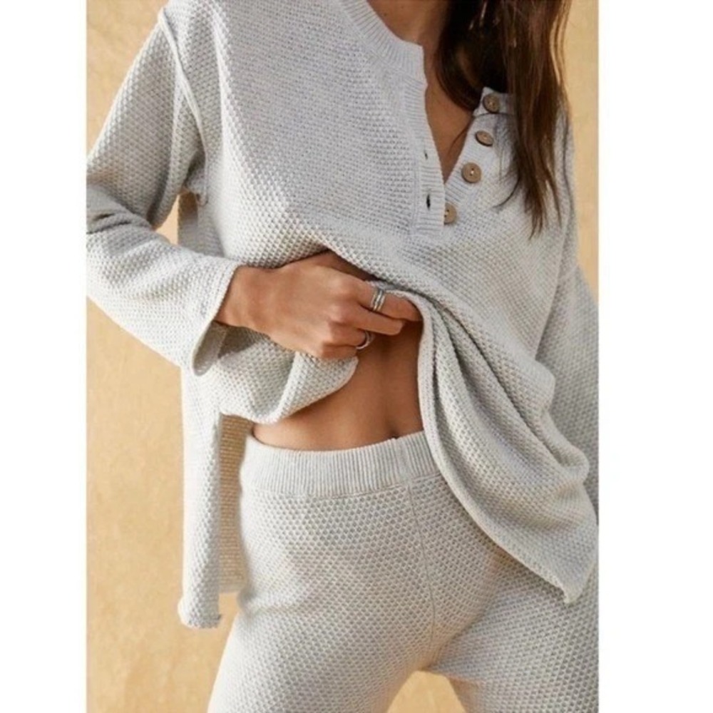 Free People Beach Hailee Sweater‎ Set Lounge Top Wide Leg Pants Gray Medium
